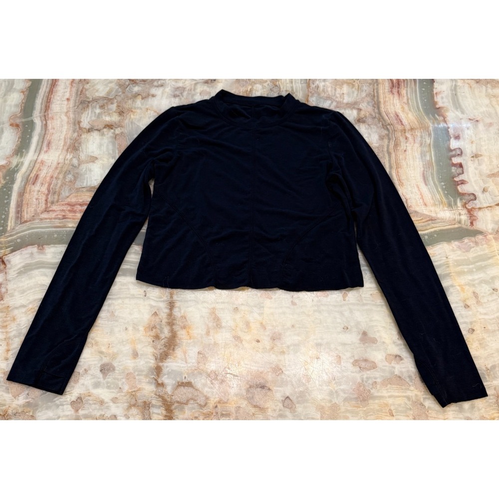 Womens Cropped Top Deep Black Long Sleeve Mock Neck Regular Fit Fitted S